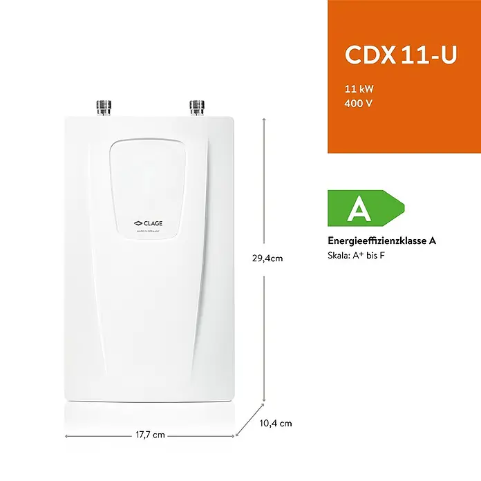 Clage Durchlauferhitzer CDX11-U - 11 kW, Elektronisch, Druckfest - Weißer, rechteckiger CLAGE CDX 11-U Durchlauferhitzer, Energieklasse A. Maße: 29,4 x 17,7 x 10,4 cm.