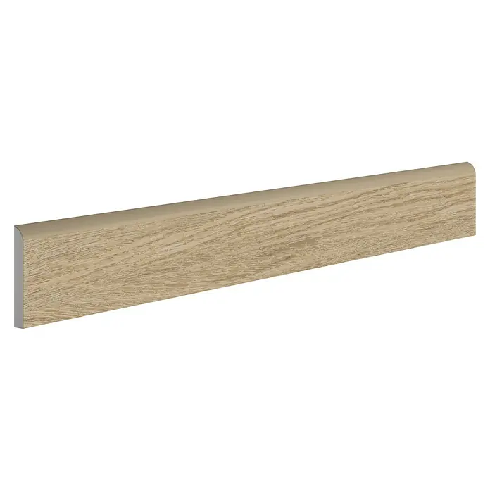Zócalo cerámico Nook - 7,2 x 9,6 cm, Roble, Mate, 18 pzs. - Vista detallada de un rodapié de madera clara, ideal para acabados de habitación elegantes y como elemento decorativo para su hogar.
