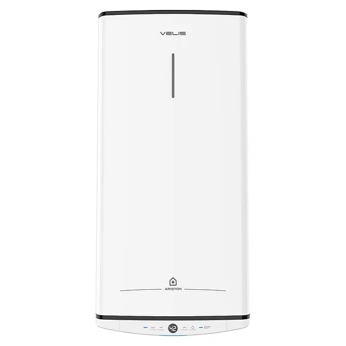 Ariston Warmwasserspeicher VELIS 80 EU - 65 l, 1,5 kW, Temperaturbereich: 40 °C - 80 °C, Wandmontage - Weißer Elektro-Warmwasserspeicher mit schwarzen Akzenten oben/unten, Digitalanzeige mit '42' und 'VELIS'/'ARISTON' Logos.