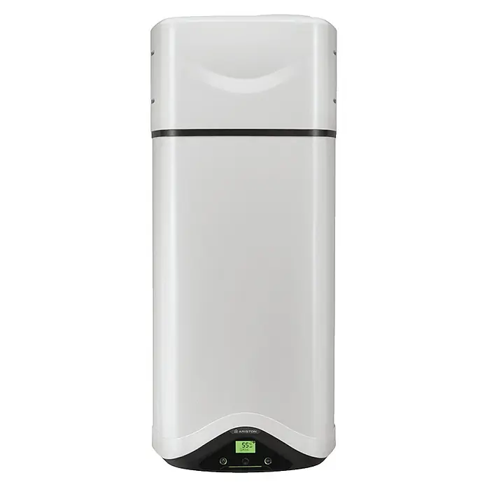 Ariston Warmwasser-Wärmepumpe Nuos Evo 80 - Fassungsvermögen: 80 l - Weißer, rechteckiger Ariston Warmwasserbereiter mit schwarzen Akzenten, grünem Digitaldisplay (55°C) und Bedienfeld.