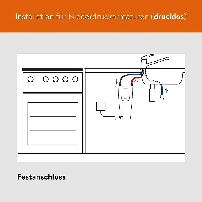 Clage Durchlauferhitzer CFX-U - 11/13,5 kW, Elektronisch, Druckfest - Installationsschema für Niederdruckarmatur und Untertisch-Warmwasserbereiter.