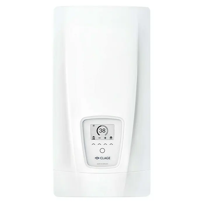 Clage Durchlauferhitzer DEX Next - 18/21/24/27 kW, Elektronisch, Druckfest - Weißer CLAGE Durchlauferhitzer mit Digitalanzeige (38 Grad) und Bedientasten.