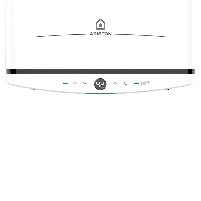 Ariston Warmwasserspeicher VELIS 80 EU - 65 l, 1,5 kW, Temperaturbereich: 40 °C - 80 °C, Wandmontage - Weißer Ariston Warmwasserbereiter mit Digitalanzeige für Temperatur 42, ECO-Modus und Duschbereit-Status.