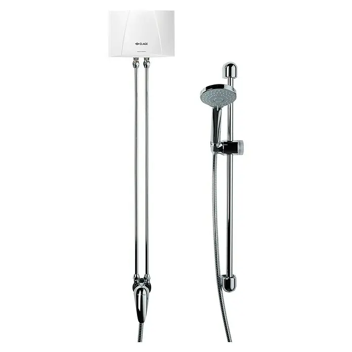 Clage Kleindurchlauferhitzer MBX6 Shower - 5,7 kW, Elektronisch, Druckfest - Weißer Durchlauferhitzer (Clage) mit Chromarmatur und separates Chrom-Duschset (Stange, Brause, Schlauch).