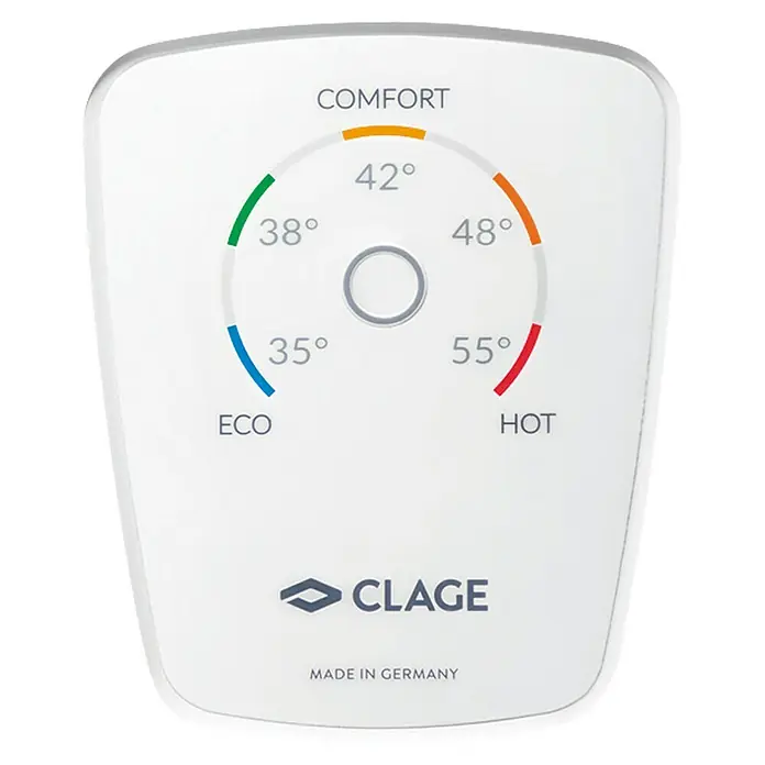 Clage Durchlauferhitzer DCX Next - 18, 21, 24 oder 27 kW, Elektronisch, Druckfest - Das CLAGE-Display zeigt die Temperaturstufen von Eco bis Hot und Komfort an.