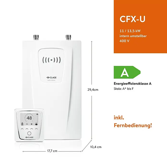 Clage Durchlauferhitzer CFX-U - 11/13,5 kW, Elektronisch, Druckfest - Kompakter weißer CLAGE CFX-U Durchlauferhitzer mit Fernbedienung.