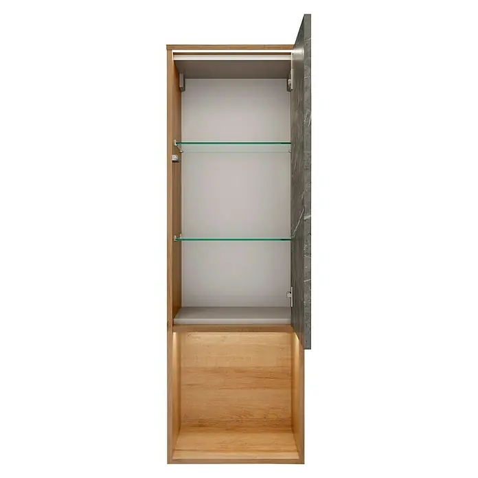 Lanzet Dune Badmöbel-Set - Gesamtbreite Badmöbel: 101 cm, Berg Eiche/Grau-Marmor, DIN Anschlag: Rechts - Aufnahme eines geöffneten Badezimmerschranks mit Glasböden und integrierter Beleuchtung.