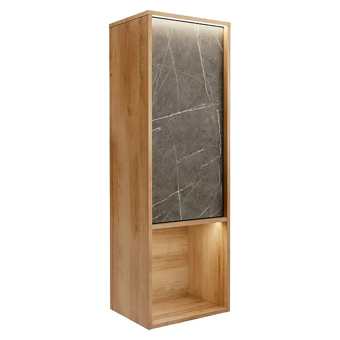 Lanzet Dune Badmöbel-Set - Gesamtbreite Badmöbel: 101 cm, Berg Eiche/Grau-Marmor, DIN Anschlag: Rechts - Stilvoller Hängeschrank in Holzoptik mit grauer Marmorfront und integrierter Beleuchtung für ein modernes Ambiente.