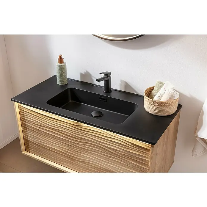Lanzet Dune Badmöbel-Set - Gesamtbreite Badmöbel: 101 cm, Berg Eiche/Schwarz, Bewegungsmelder mit LED-Beleuchtung - Moderne Waschtischkombination mit schwarzem Waschbecken und Holzoptik, ideal für stilvolle Badezimmer. Mit eleganter Armatur und Ablageflächen.