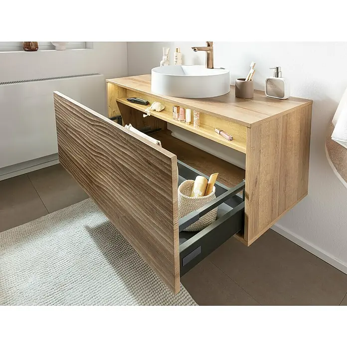 Lanzet Dune Waschtischunterschrank - B x T x H: 100,3 x 46,2 x 46 cm, Berg Eiche - Modernes Badezimmer-Waschbeckenunterschrank mit offenem Schubladensystem und Ablagefächern, ideal für stilvolle Badaufbewahrung.