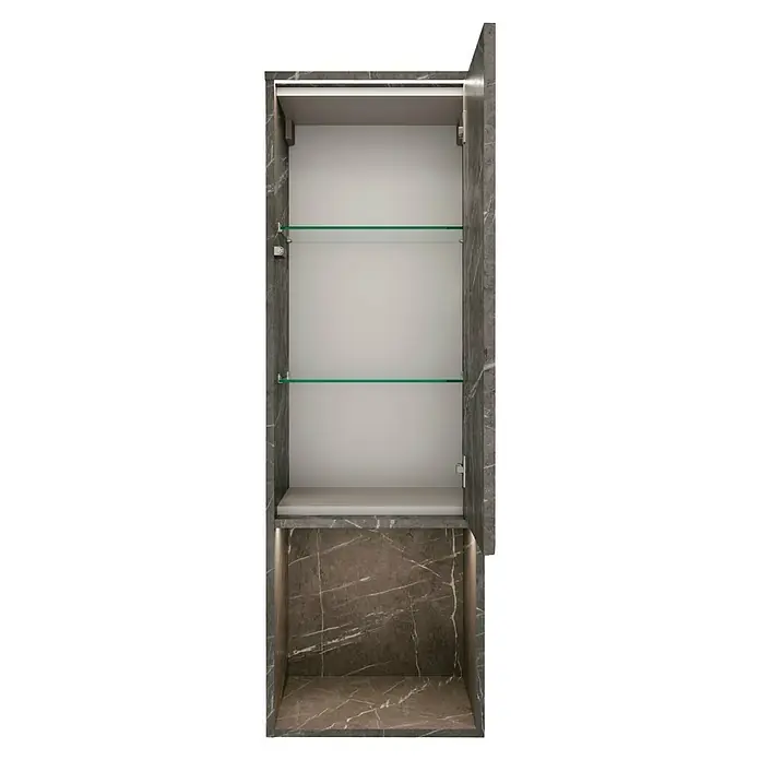 Lanzet Dune Midischrank - B x T x H: 40,3 x 32,5 x 121,6 cm, Grau-Marmor, DIN Anschlag: Rechts - Innenaufnahme eines offenen Badezimmerschranks aus Marmor mit zwei Glasböden und eingebauter Beleuchtung.