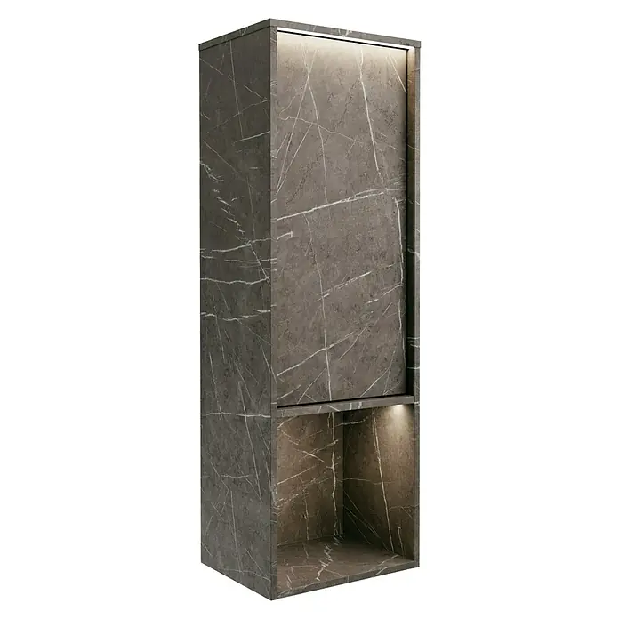 Lanzet Dune Midischrank - B x T x H: 40,3 x 32,5 x 121,6 cm, Grau-Marmor, DIN Anschlag: Rechts - Elegantes, marmoriertes Badezimmerregal mit integrierter Beleuchtung für eine stilvolle Atmosphäre.