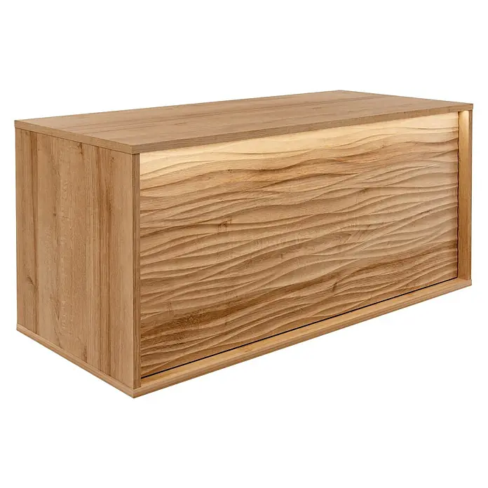 Lanzet Dune Badmöbel-Set - Gesamtbreite Badmöbel: 103 cm, Berg Eiche, Matt, DIN Anschlag: Links, 4 -tlg. - Nahaufnahme eines Sideboards aus Eichenholz mit wellenförmiger Front und integrierter Beleuchtung, das ein warmes Ambiente schafft.