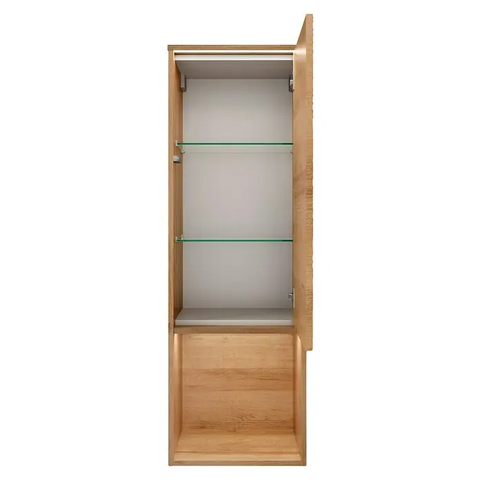 Lanzet Dune Badmöbel-Set - Gesamtbreite Badmöbel: 101 cm, Berg Eiche, Matt, DIN Anschlag: Rechts, 4 -tlg. - Ein offener Holzschrank mit zwei Glasböden und integrierter Beleuchtung oben und unten, ideal für Badezimmer oder Wohnbereich.