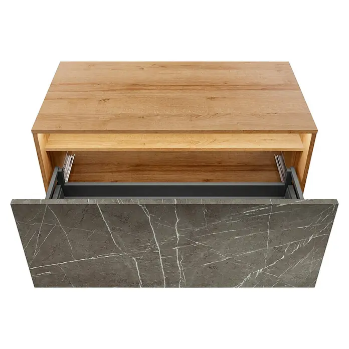 Lanzet Dune Badmöbel-Set - Gesamtbreite Badmöbel: 103 cm, Berg Eiche/Grau-Marmor, Matt, DIN Anschlag: Links, 4 -tlg. - Ansicht von Schubladen mit Holz- und Marmorfronten, die ein elegantes Aufbewahrungsmöbelstück zeigen.