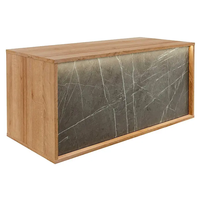 Lanzet Dune Badmöbel-Set - Gesamtbreite Badmöbel: 103 cm, Berg Eiche/Grau-Marmor, Matt, DIN Anschlag: Links, 4 -tlg. - Elegantes Sideboard mit Holzrahmen und Marmorplatte, das durch sein modernes Design und die hochwertige Verarbeitung besticht.
