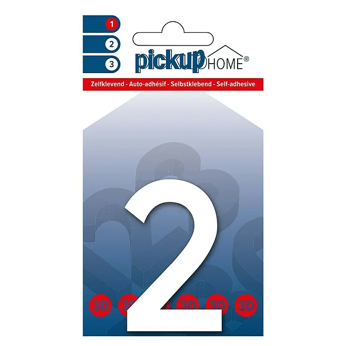 Pickup 3D Home Hausnummer Rio - Motiv: 2, Höhe: 6 cm, Weiß, Kunststoff, Selbstklebend - Selbstklebende Hausnummer "2" von Pickup Home, ideal zur Kennzeichnung von Häusern, Briefkästen oder Wohnungen mit einfacher Anbringung.