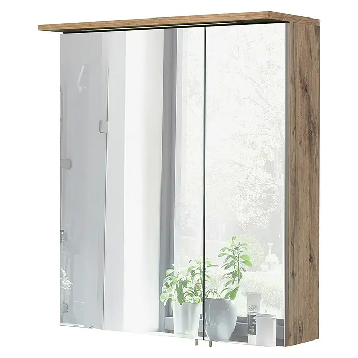 Schildmeyer Milan LED-Spiegelschrank - B x H: 60 x 72,5 cm, Mit Beleuchtung, Holz, Wotaneiche - Ein stilvoller Spiegelschrank mit Holzrahmen und reflektierenden Türen. Perfekt für jedes Badezimmer, um Stil und Funktionalität zu vereinen.
