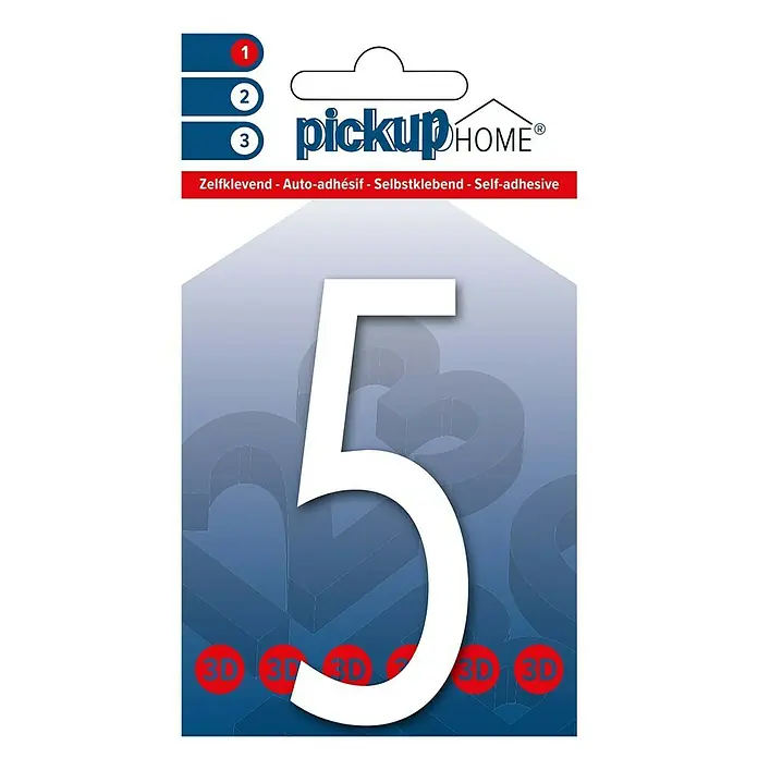 Pickup 3D Home Hausnummer Oslo - Höhe: 9 cm, Motiv: 5, Weiß, Kunststoff, Selbstklebend - Auf dem Bild ist eine Packung mit einer selbstklebenden Hausnummer 5 von Pickup Home zu sehen, die in Weiß auf blauem Hintergrund abgebildet ist.