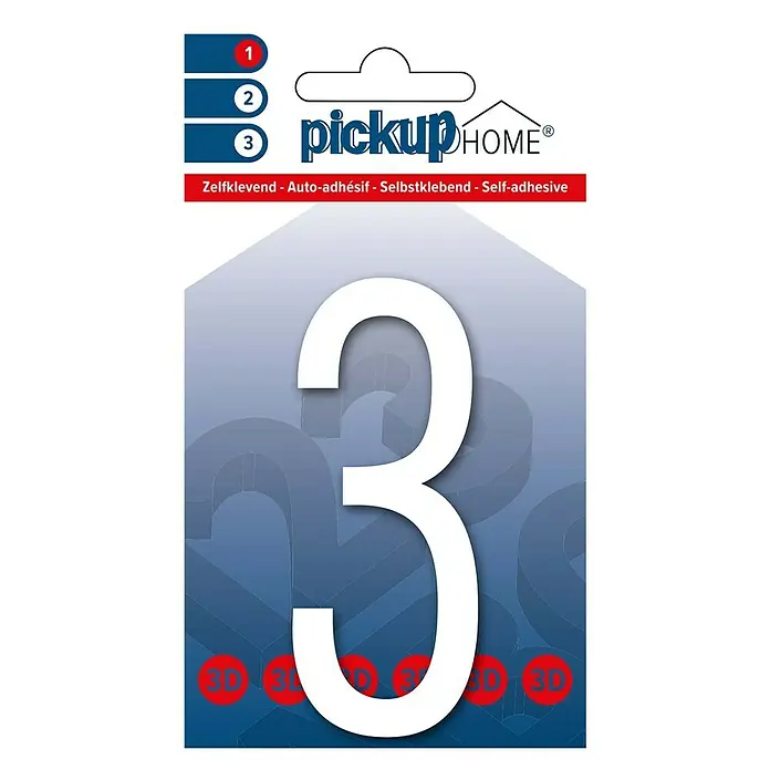 Pickup 3D Home Hausnummer Oslo - Höhe: 9 cm, Motiv: 3, Weiß, Kunststoff, Selbstklebend - Auf dem Bild ist die Verpackung einer selbstklebenden Hausnummer "3" von Pickup Home abgebildet.
