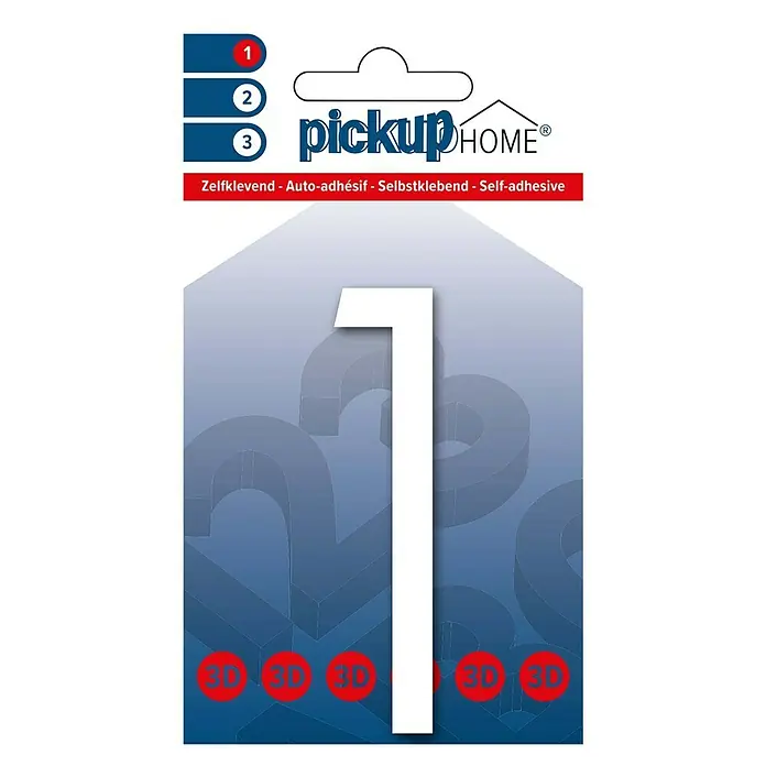 Pickup 3D Home Hausnummer Oslo - Höhe: 9 cm, Motiv: 1, Weiß, Kunststoff, Selbstklebend - Selbstklebende Hausnummer "1" von Pickup HOME, ideal für die Kennzeichnung von Wohnhäusern.