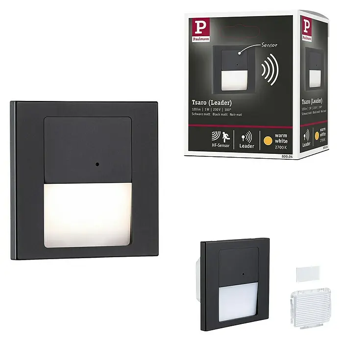 Paulmann LED-Wandleuchte Tsaro Leader - L x B x H: 3,6 x 8 x 8 cm, Warmweiß, Schwarz matt - Abbildung einer Paulmann Tsaro (Leader) Wandleuchte in Mattschwarz, die ein modernes und funktionales Design für Innenräume bietet.