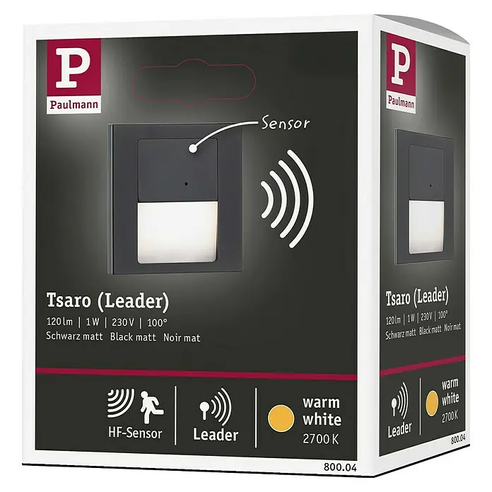 Paulmann LED-Wandleuchte Tsaro Leader - L x B x H: 3,6 x 8 x 8 cm, Warmweiß, Schwarz matt - Paulmann Tsaro (Leader) Wandleuchte in Schwarz matt mit HF-Sensor und warmweißem 2700K Licht, auf der Produktverpackung abgebildet.