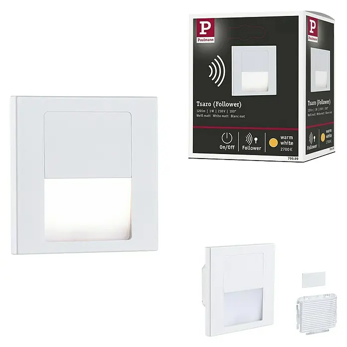 Paulmann LED-Wandleuchte Tsaro Follower - 1 W, L x B x H: 3,6 x 8 x 8 cm, Weiß matt, Warmweiß - Das Paulmann Tsaro (Follower) Nachtlicht in Weiß matt: energiesparend, mit Sensor & warmweißem Licht (2700K) für angenehme Orientierung.