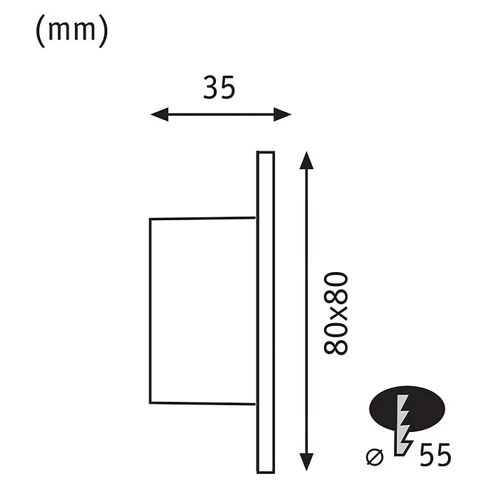 Paulmann LED-Wandleuchte Tsaro Leader - L x B x H: 3,6 x 8 x 8 cm, Warmweiß, Schwarz matt - Produktzeichnung mit Maßen: 80x80 mm, Tiefe 35 mm, Durchmesser 55 mm. Technische Details für die Produktinstallation.