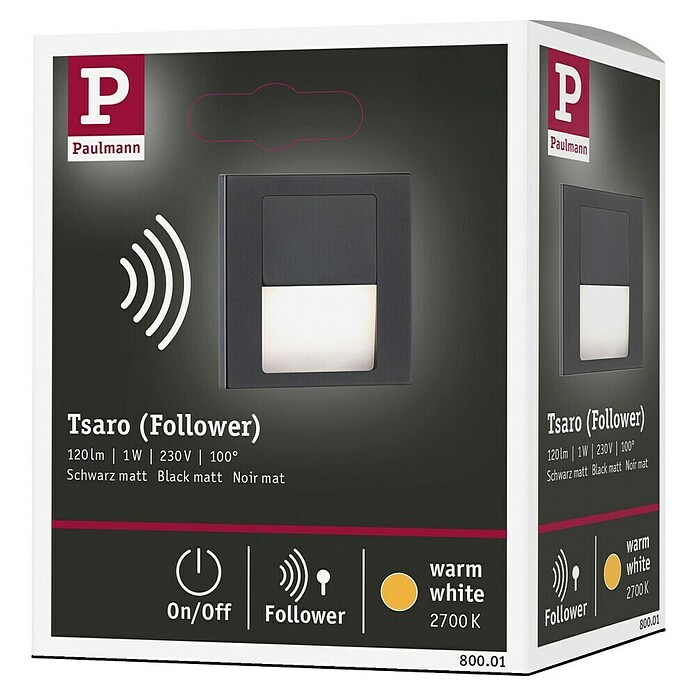 Paulmann Aplique de pared LED Tsaro Follower (1 W, L x An x Al: 3,6 x 8 x 8 cm, Negro Mate, Blanco cálido) | BAUHAUS