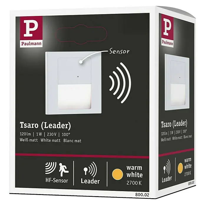 Paulmann LED-Wandleuchte Tsaro Leader - L x B x H: 3,6 x 8 x 8 cm, Warmweiß, Weiß matt - Paulmann Tsaro (Leader) weiße matte LED-Wandleuchte mit HF-Sensor und warmweiß 2700K, auf Verpackung dargestellt.