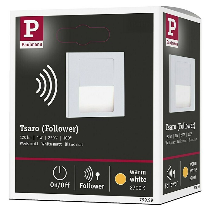 Paulmann Aplique de pared LED Tsaro Follower (1 W, L x An x Al: 3,6 x 8 x 8 cm, Blanco Mate, Blanco cálido) | BAUHAUS
