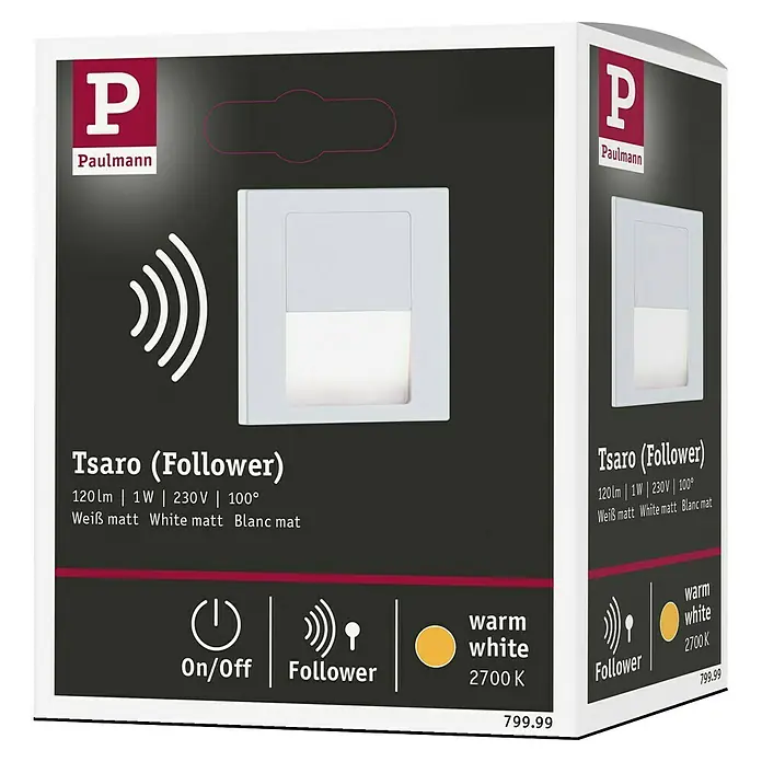 Paulmann Aplique de pared LED Tsaro Follower - 1 W, L x An x Al: 3,6 x 8 x 8 cm, Blanco Mate, Blanco cálido - Paulmann Tsaro (Follower) luz LED blanco cálido, 120lm, 1W, 2700K, blanco mate, con funciones On/Off y Follower.