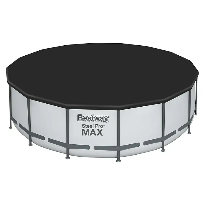 Bestway Pool-Abdeckplane - Durchmesser: 493 cm, Material: Kunststoff - Das Bild zeigt einen runden Bestway Steel Pro MAX Pool mit einer schwarzen Abdeckung. Ideal für sommerlichen Badespaß im eigenen Garten.