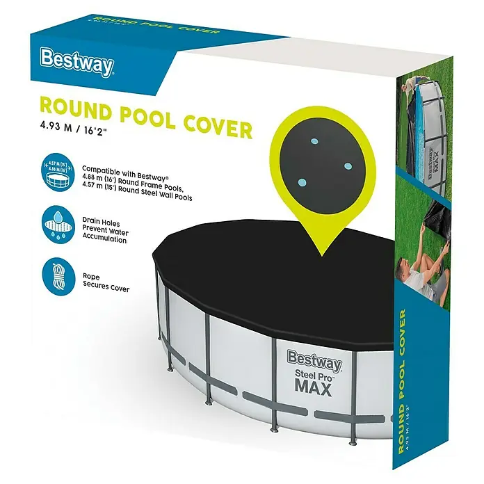 Bestway Pool-Abdeckplane - Durchmesser: 493 cm, Material: Kunststoff - Bild des Bestway Round Pool Cover Kartons. Die Poolabdeckung schützt Ihren Pool vor Schmutz und hält das Wasser sauber.