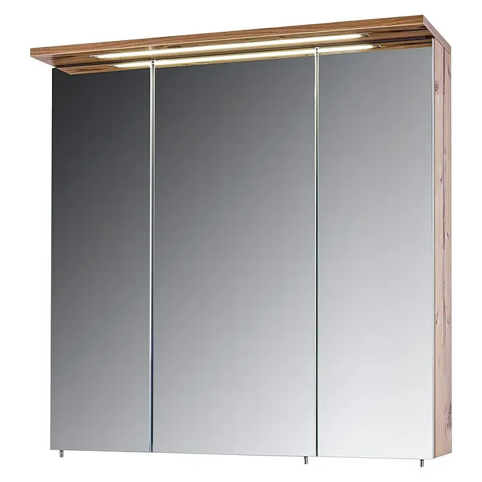 Schildmeyer LED-Spiegelschrank Profil/Isola - 70,5 x 72,5 cm, Mit Beleuchtung, Holz, Silberfichte - Dreitüriger Spiegelschrank mit Holzdetails und integrierter Beleuchtung für ein modernes Badezimmerambiente.