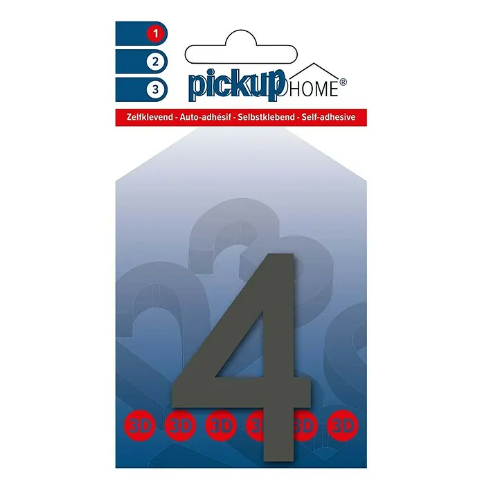 Pickup 3D Home Hausnummer Rio - Motiv: 4, Höhe: 6 cm, Grau, Kunststoff, Selbstklebend - Bild einer selbstklebenden Hausnummer "4" von Pickup Home, ideal zur Kennzeichnung von Häusern oder Briefkästen.