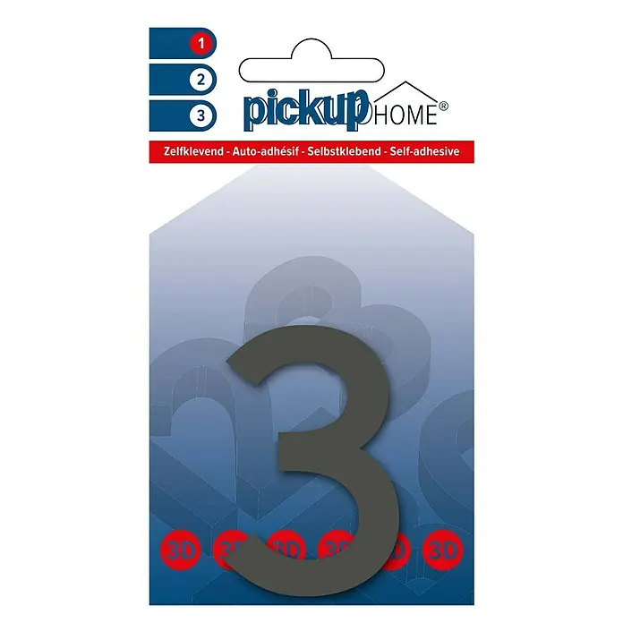 Pickup 3D Home Hausnummer Rio - Motiv: 3, Höhe: 6 cm, Grau, Kunststoff, Selbstklebend - Selbstklebende 3D-Hausnummer "3" von Pickup Home, ideal für die individuelle Gestaltung von Hauswänden und Briefkästen.
