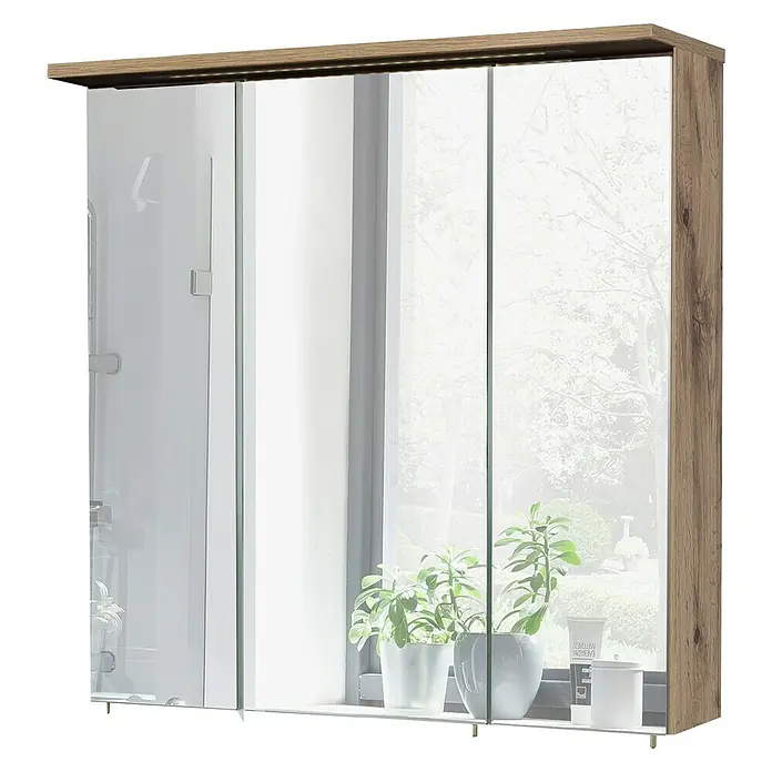 Schildmeyer Milan LED-Spiegelschrank - B x H: 70,5 x 72,5 cm, Mit Beleuchtung, Holz, Wotaneiche - Aufnahme eines Spiegelschranks mit Holzrahmen, der ein Badezimmer oder einen Ankleideraum ergänzt.
