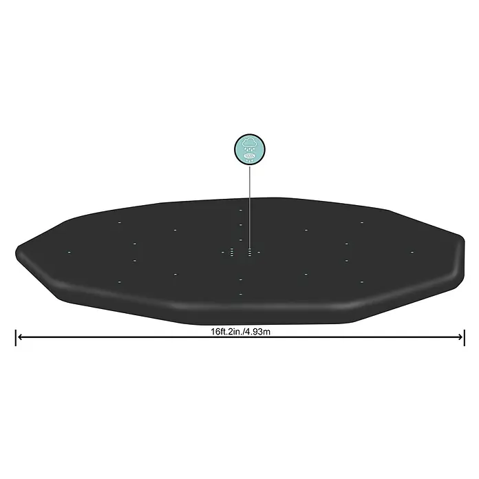 Bestway Pool-Abdeckplane - Durchmesser: 493 cm, Material: Kunststoff - Schwarze, achteckige schwimmende Plattform mit mehreren kleinen Löchern und einer Regenwetter-Grafik.