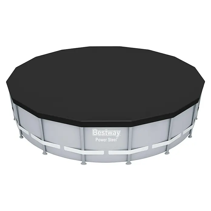 Bestway Pool-Abdeckplane - Durchmesser: 493 cm, Material: Kunststoff - Eine Nahaufnahme eines Bestway Power Steel Pools mit schwarzer Abdeckung. Der Pool ist aus robustem, grauem Stahl gefertigt und verfügt über eine stabile Konstruktion.