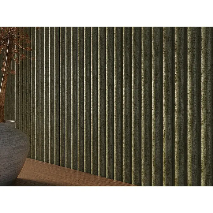 CanDo Akustikpaneel Curve - Sage, 2.600 x 300 x 19 mm, 2 Stk. - Eine Nahaufnahme einer geriffelten Akustikwand in einem Raum, die Schallabsorption und elegantes Design vereint.