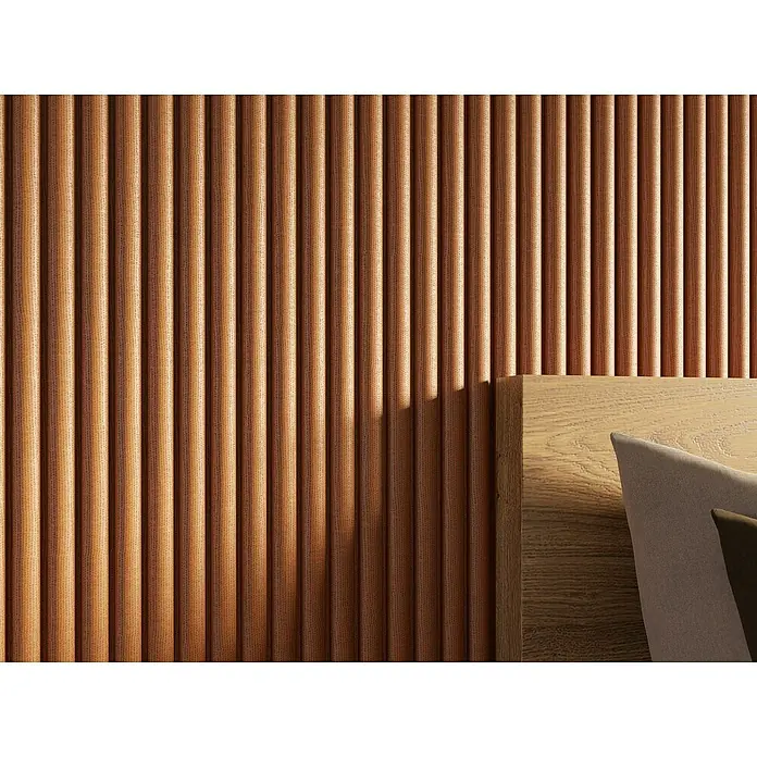 CanDo Akustikpaneel Curve - Terra, 2.600 x 300 x 19 mm, 2 Stk. - Nahaufnahme einer strukturierten Wand mit vertikalen Polsterpaneelen in warmen Erdtönen neben einem Bettkopfteil.