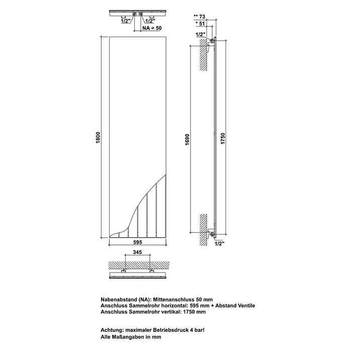 Ximax Designheizkörper - B x H: 599 x 1.800 mm, Wärmeleistung bei Vorlauftemperatur von 75 °C (D: 50): 893 W, Abstrakt Schwarz/Weiß - Technisches Datenblatt für einen Heizkörper mit Maßen, Anschlüssen (1/2 Zoll, NA 50) und Sammelrohr-Informationen.