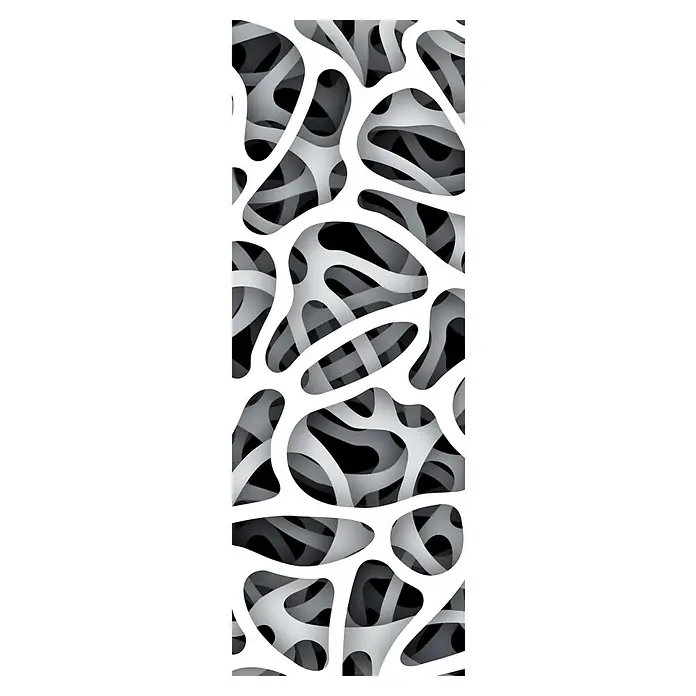 Ximax Designheizkörper - B x H: 599 x 1.800 mm, Wärmeleistung bei Vorlauftemperatur von 75 °C (D: 50): 893 W, Abstrakt Schwarz/Weiß - Ein abstraktes, organisches Schichtmuster mit weißen Ausschnitten, die graue und schwarze Formen darunter enthüllen.