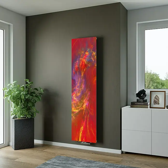 Ximax Designheizkörper - B x H: 599 x 1.800 mm, Wärmeleistung bei Vorlauftemperatur von 75 °C (D: 50): 893 W, Abstrakt Rot - Vertikaler Heizkörper mit lebhaftem rot-gelb-violettem Fraktal-Muster, der einem Wohnraum eine moderne Kunstnote verleiht.