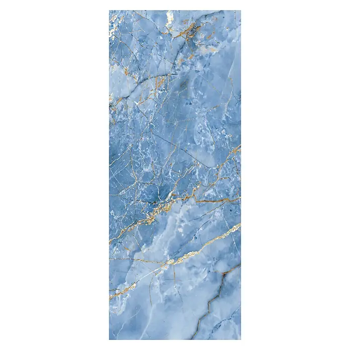 SanDesign Duschrückwandmuster - 17,5 cm x 7 cm x 3 mm, Blue Onyx - Blaue Marmorstruktur mit feinen goldenen Äderungen, ideal für elegante Oberflächen oder dekorative Akzente.