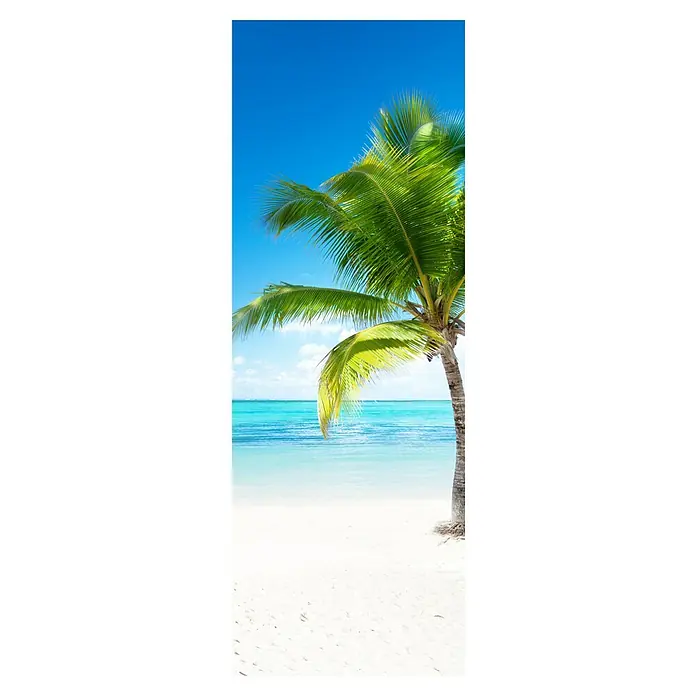 Ximax Designheizkörper - B x H: 599 x 1.800 mm, Wärmeleistung bei Vorlauftemperatur von 75 °C (D: 50): 893 W, Palme - Tropischer Strand mit Palme, weißem Sand, türkisfarbenem Meer und blauem Himmel.