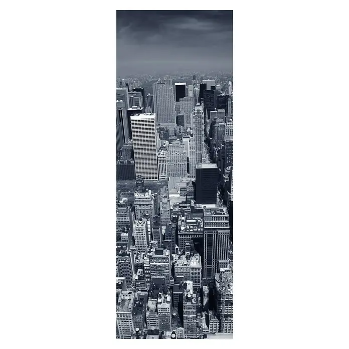 Ximax Designheizkörper - B x H: 599 x 1.800 mm, Wärmeleistung bei Vorlauftemperatur von 75 °C (D: 50): 893 W, New York - Monochromatische Luftaufnahme einer dichten Stadtlandschaft mit zahlreichen Wolkenkratzern und Gebäuden unter bewölktem Himmel.
