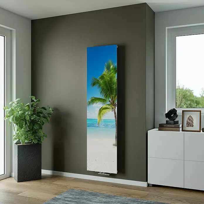 Ximax Designheizkörper - B x H: 599 x 1.800 mm, Wärmeleistung bei Vorlauftemperatur von 75 °C (D: 50): 893 W, Palme - Hoher Designheizkörper mit tropischem Strand- und Palmenmotiv, wandmontiert.